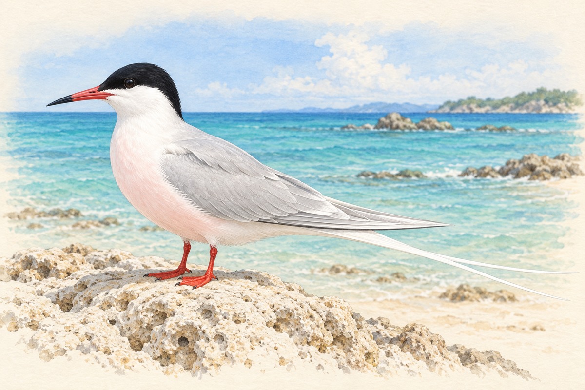 海辺の岩に立つ夏羽のベニアジサシ。黒い頭頂、白い体、淡い灰色の翼、赤い脚、赤黒い嘴、翼端を越える長い白い尾が見える