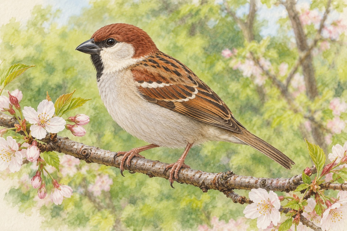 春の枝にとまる雄のニュウナイスズメの全身。赤茶色の頭、黒斑のない淡い頬、黒い嘴と小さな黒い喉が見える。