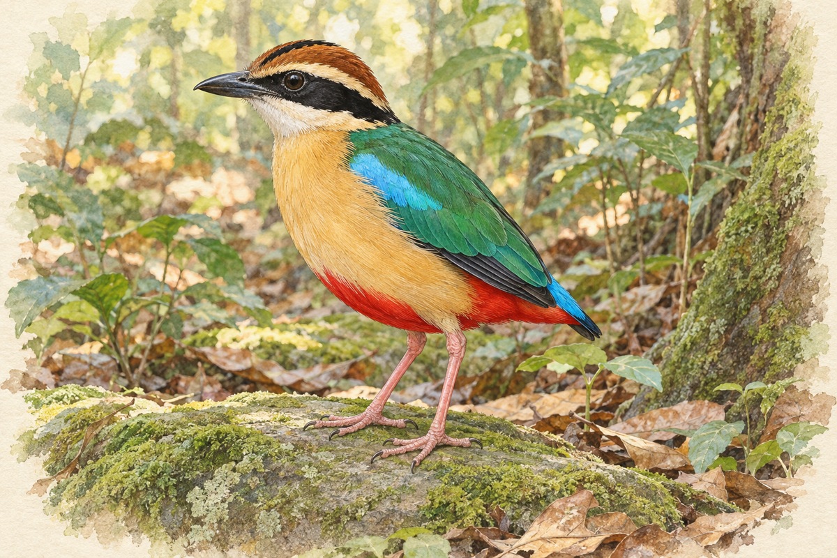 森の石に立つヤイロチョウの全身。褐色の頭の黒い頭央線、淡い眉、緑の背と翼、青い肩、赤い下腹が見える。