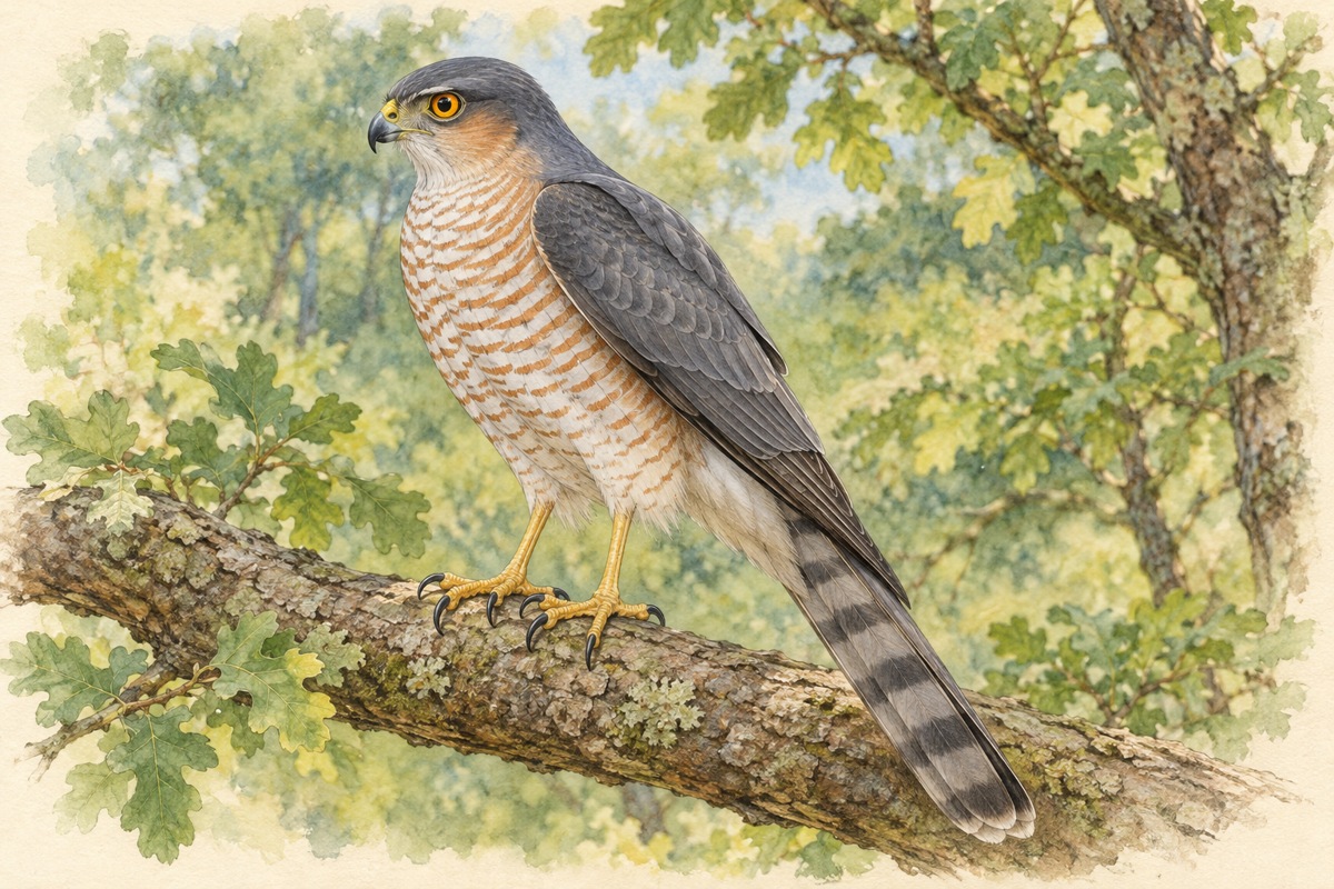 枝にとまる雄の成鳥のハイタカ。青灰色の上面、橙褐色の細い横じまのある下面、長い尾と黄色い脚が見える。