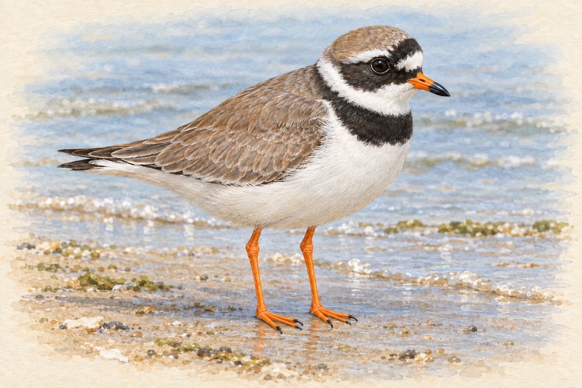 砂浜に立つ夏羽のハジロコチドリ。橙色の嘴の根元と黒い先端、橙色の脚、白黒の顔と一本の黒い胸帯が見える。