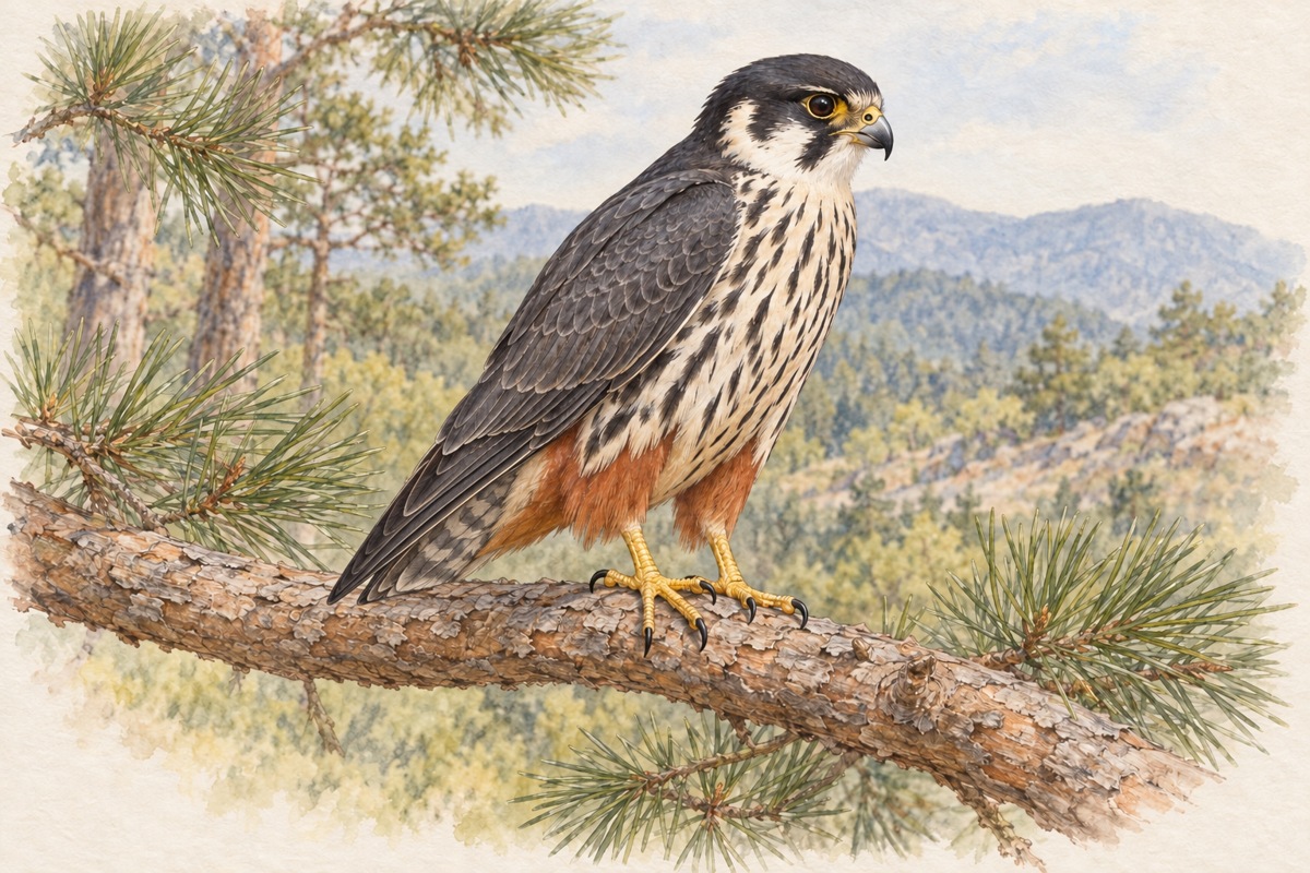 枝にとまる成鳥のチゴハヤブサ。黒い頬のひげ模様、白い下面の縦斑、赤褐色のすねと下尾筒、長い翼が見える。