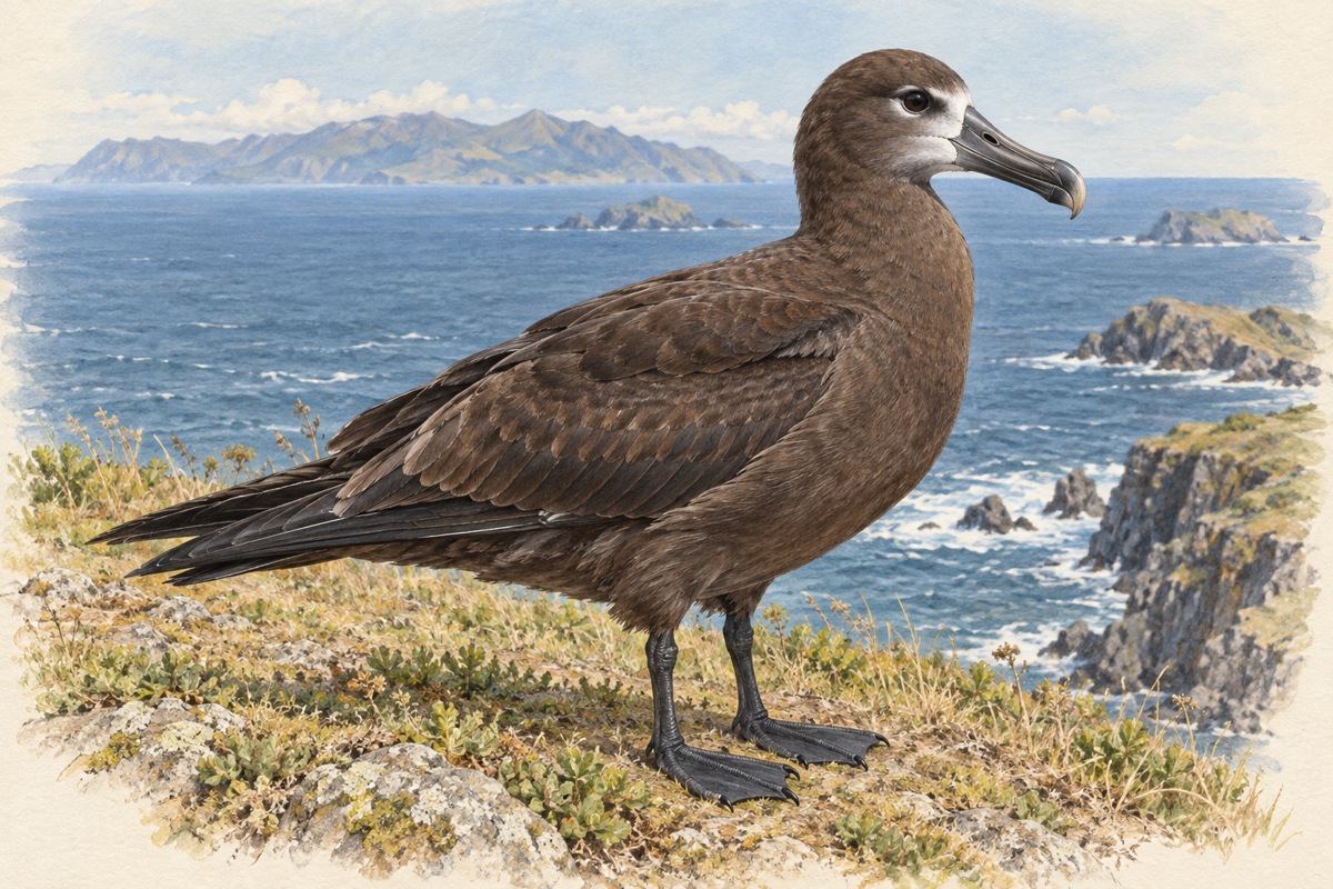 島の海岸の地上に立つ成鳥のクロアシアホウドリ。暗褐色の体、嘴の根元の白っぽい部分、黒い脚と水かきのある黒い足が見える。