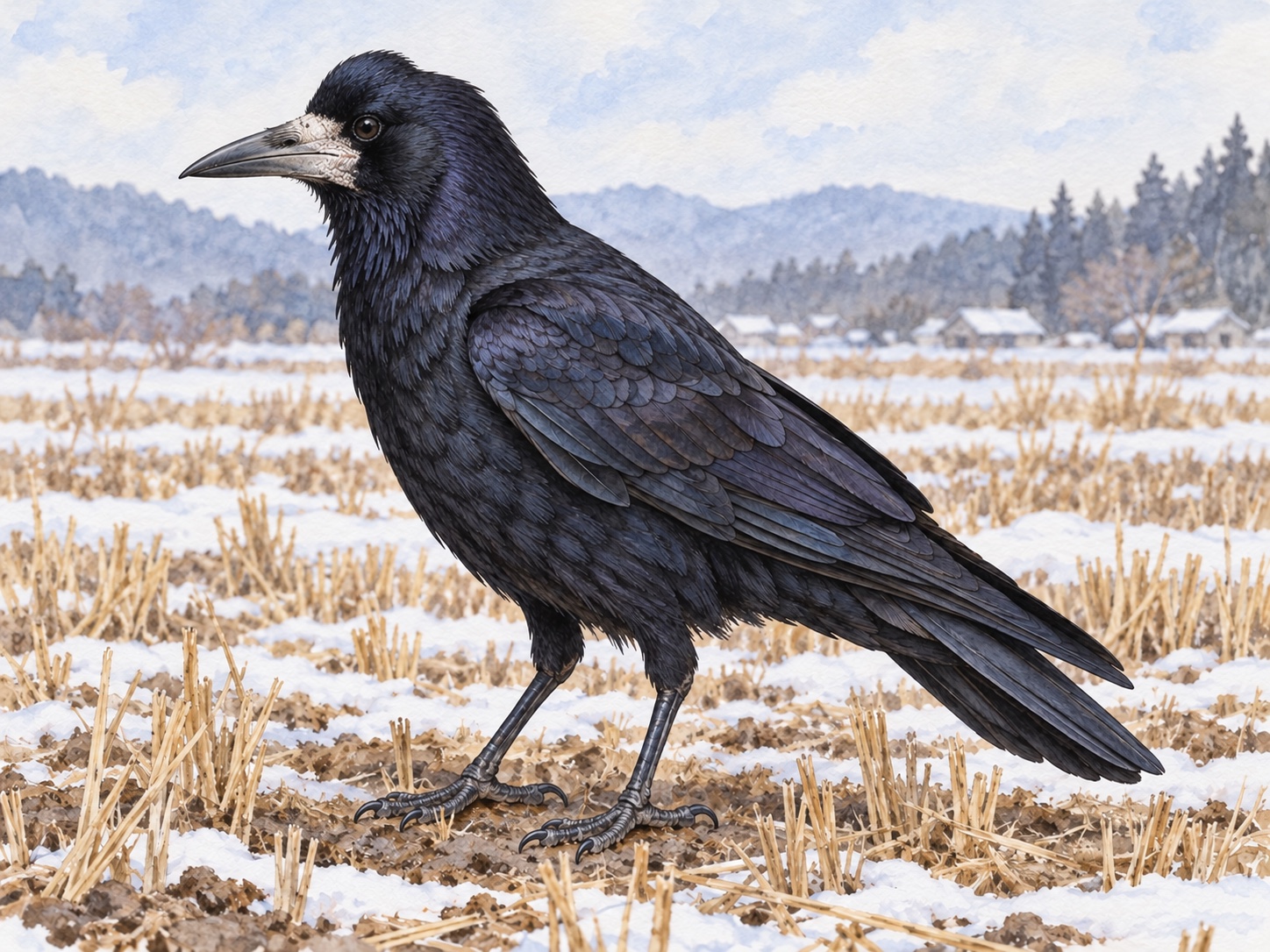 ミヤマガラス成鳥のイラスト。額が盛り上がった頭の輪郭と、嘴の付け根の白っぽい部分が見える