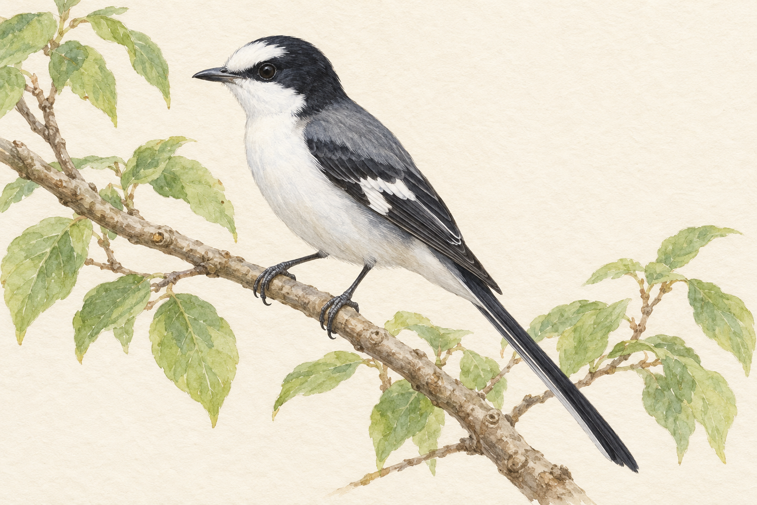 広い白い額、灰色の背、白い下面と翼の白帯が見える鳥のイラスト