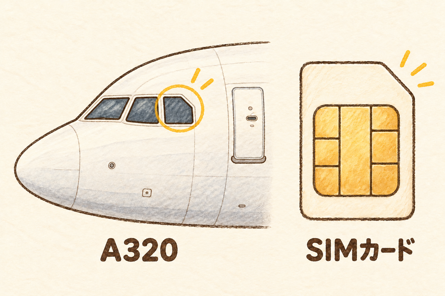 A320の端の窓とSIMカードを並べた手描き風イラスト。どちらも右上の角が斜めに切れている。