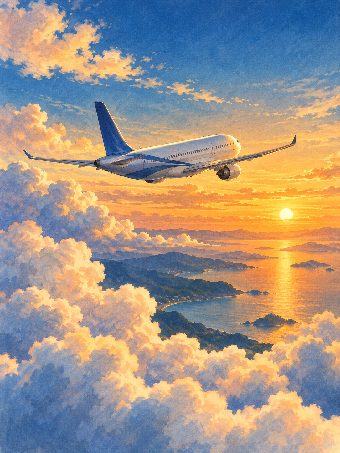 夕焼け雲の中を飛ぶ旅客機