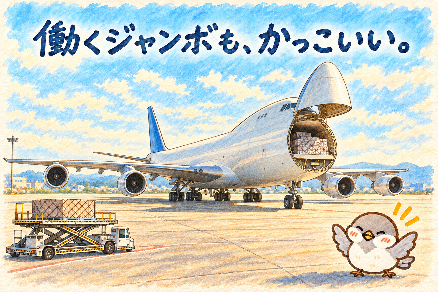 機首を斜め前から見たB747-400F。丸みのあるノーズドアを上へ開き、前脚と翼の付け根付近に集まる主脚で機体を支えている。左手前に離れたローダー、右手前にオチュン。