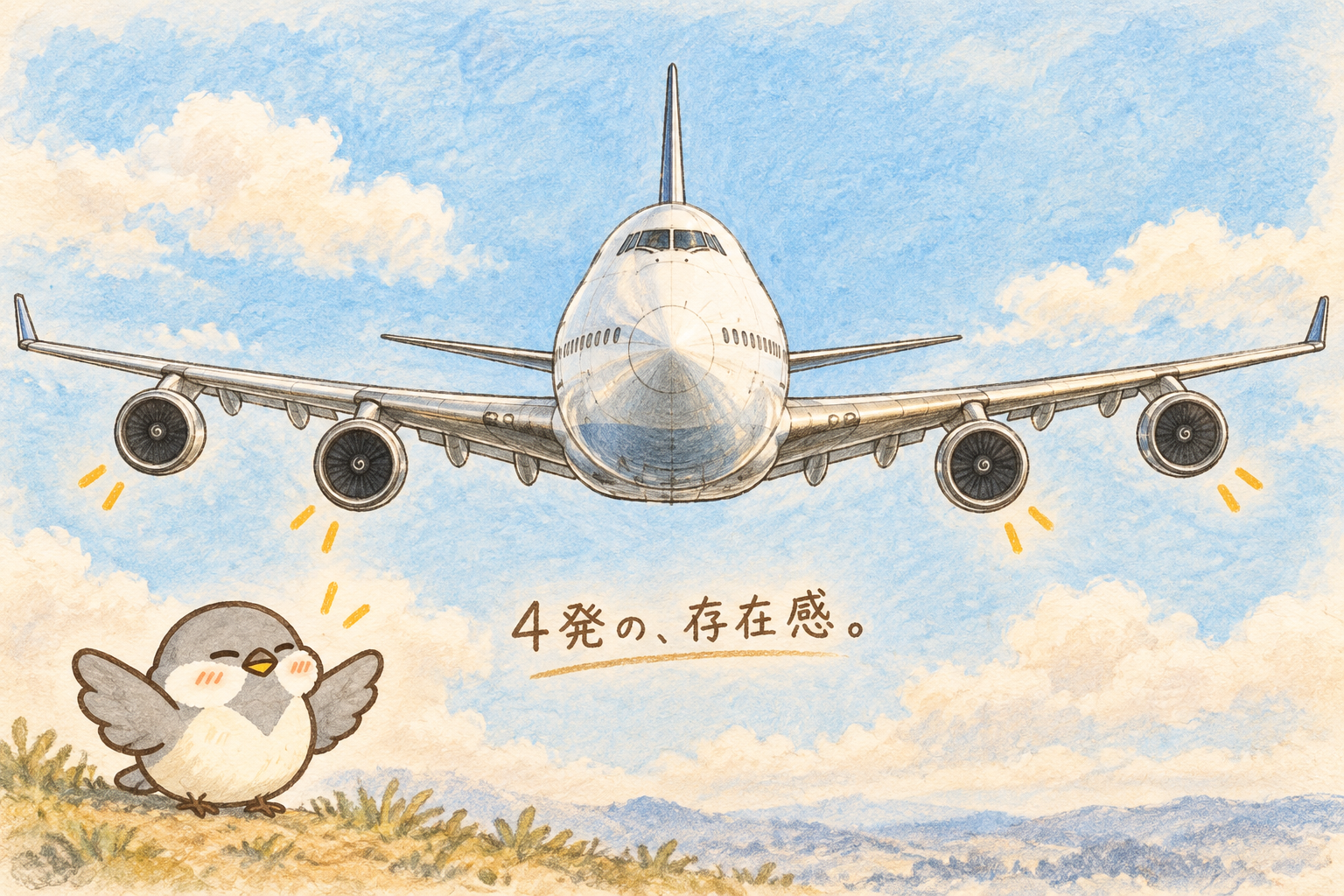 正面から見たB747-400。左右の翼に2基ずつ、計4基のエンジンが並び、オチュンが見上げている。