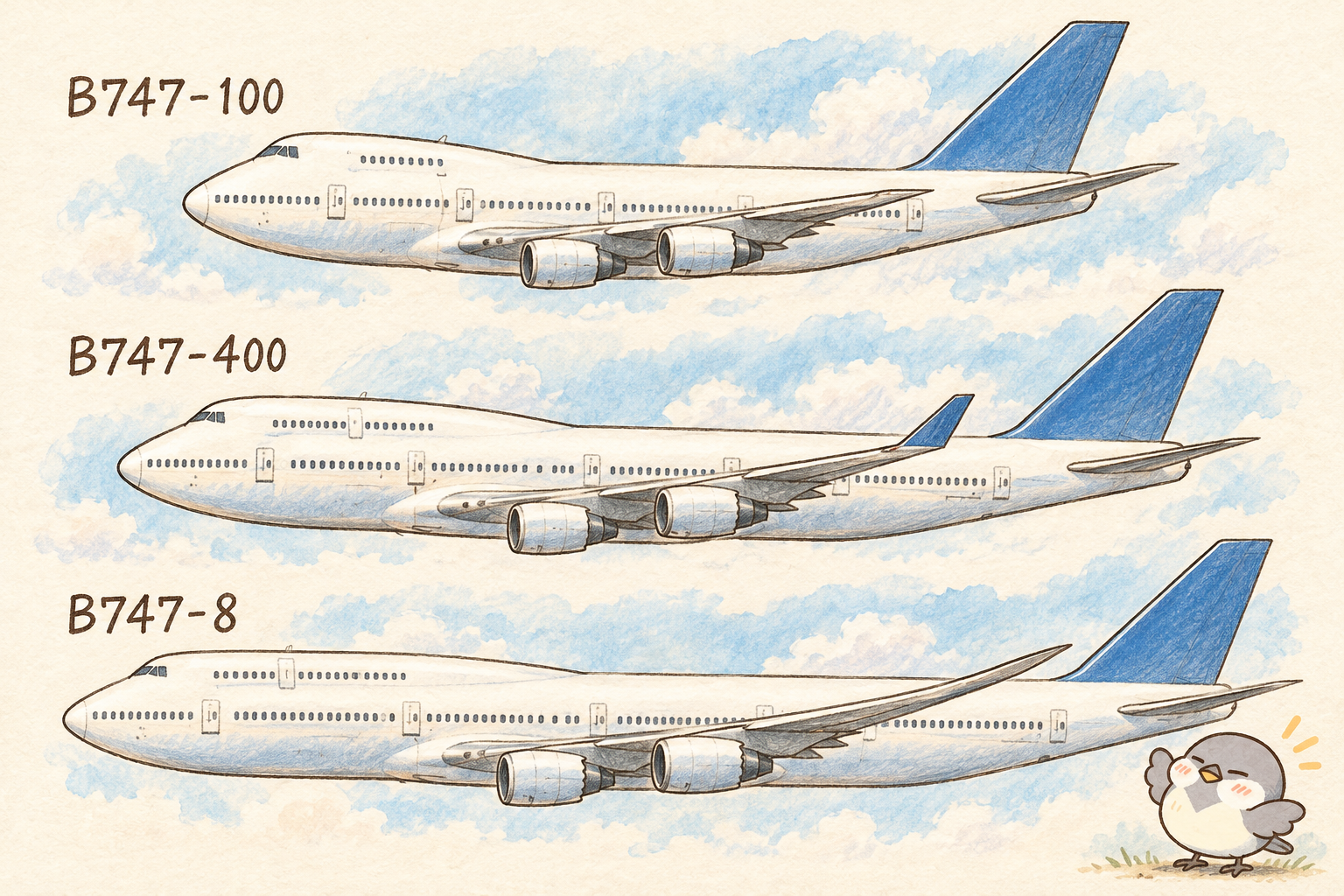 上からB747-100、B747-400、旅客型B747-8を描いた世代別イラスト。上部のふくらみや翼の先に違いがある。