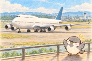 展望デッキのオチュンが、青い尾翼のB747を見つけて両翼を広げる。色鉛筆と水彩の手描き風イラスト。