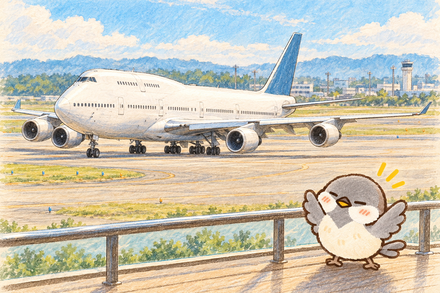 展望デッキのオチュンが、青い尾翼のB747を見つけて両翼を広げる。色鉛筆と水彩の手描き風イラスト。