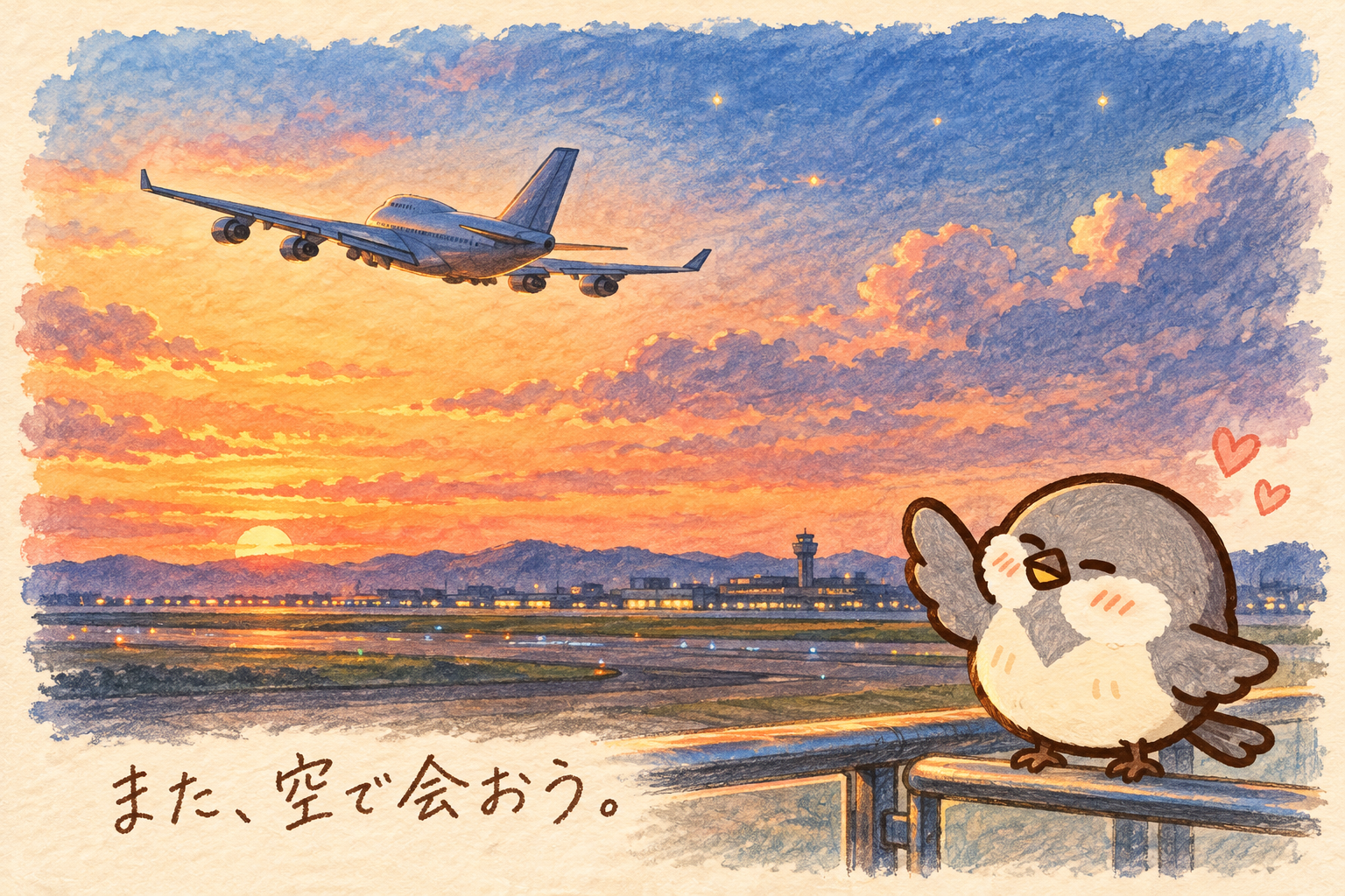 夕焼けの空へ飛ぶB747を、オチュンが翼を振って見送る。手書きの「また、空で会おう。」の文字。
