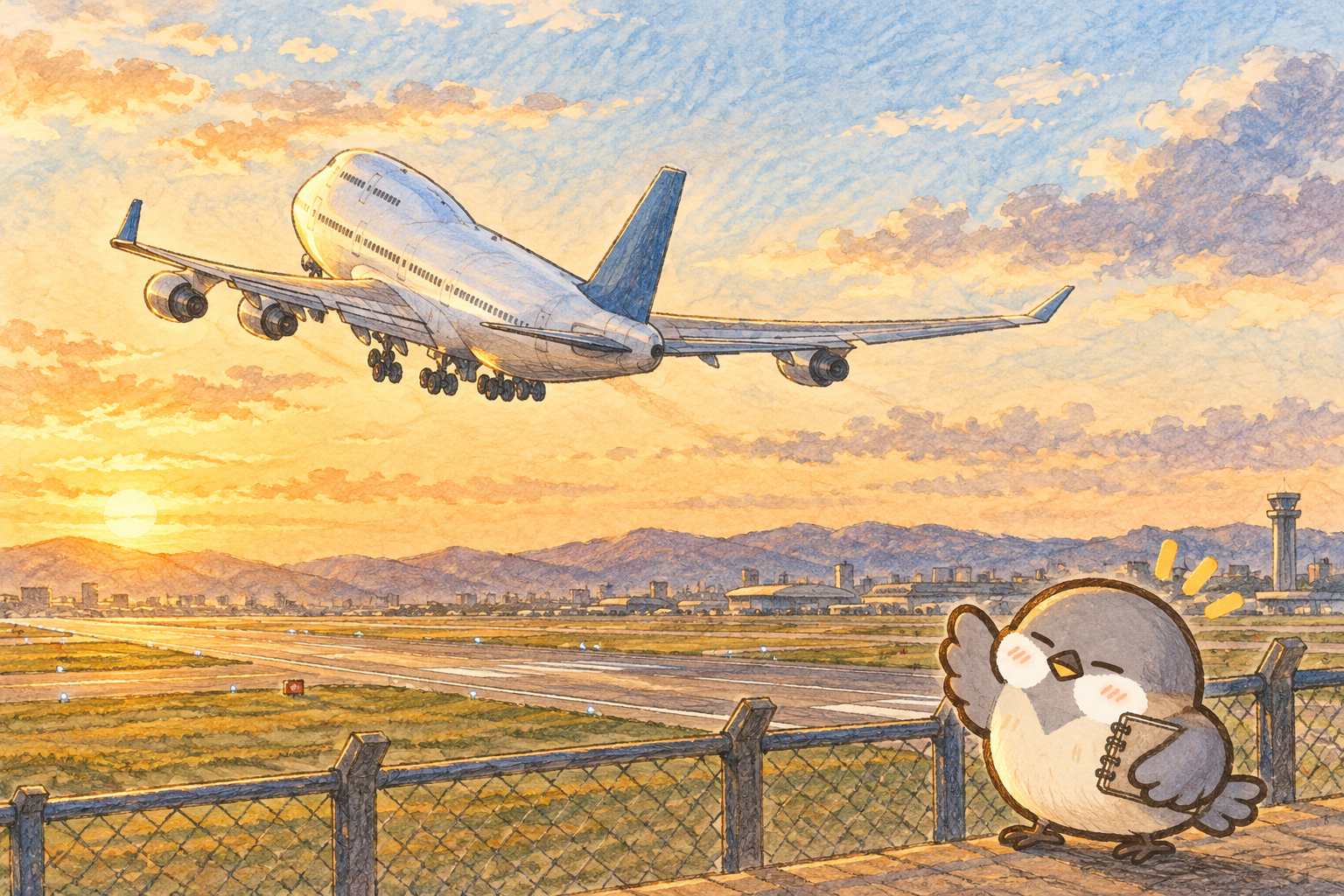 夕日に照らされて離陸するB747-400と、スケッチブックを抱えて見送るオチュン。