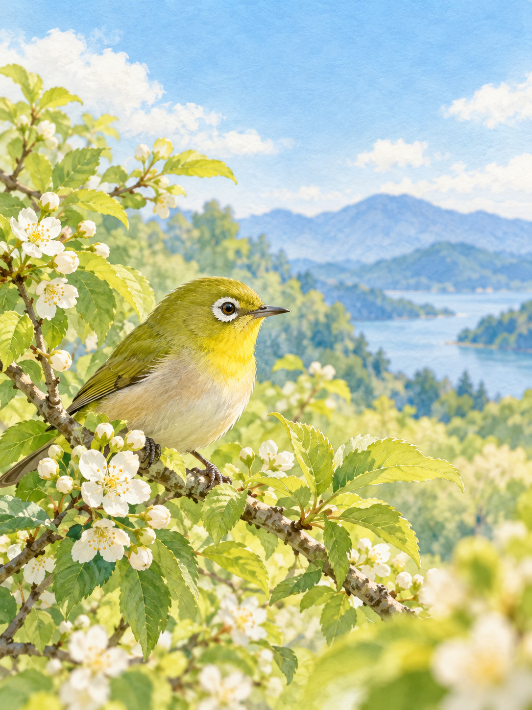 木の枝にとまる野鳥と花