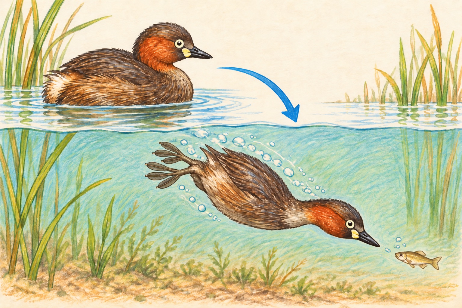 水面と水中のカイツブリ。同じ鳥が潜る前後の姿を表したイメージです。