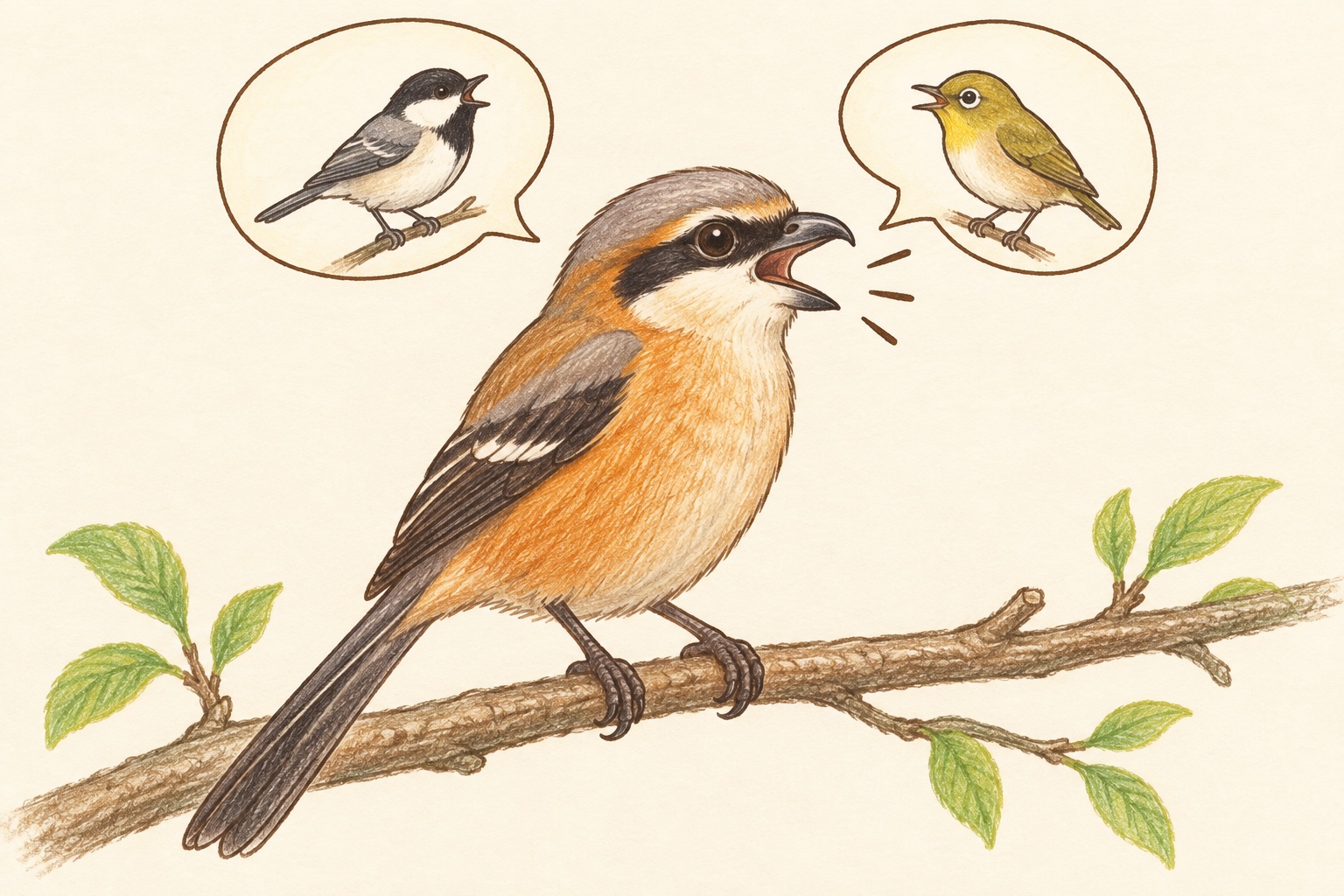 吹き出しの鳥は、いろいろな鳥の声をまねることを表したイメージです。