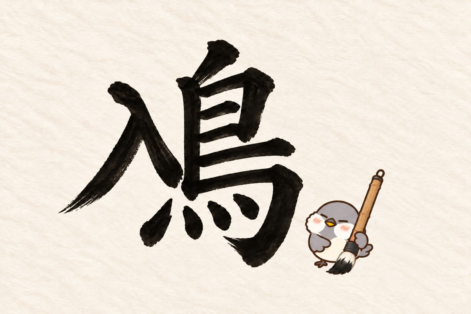 鳥の漢字クイズ第1回。筆字の鳰と大きな筆を持ったオチュン