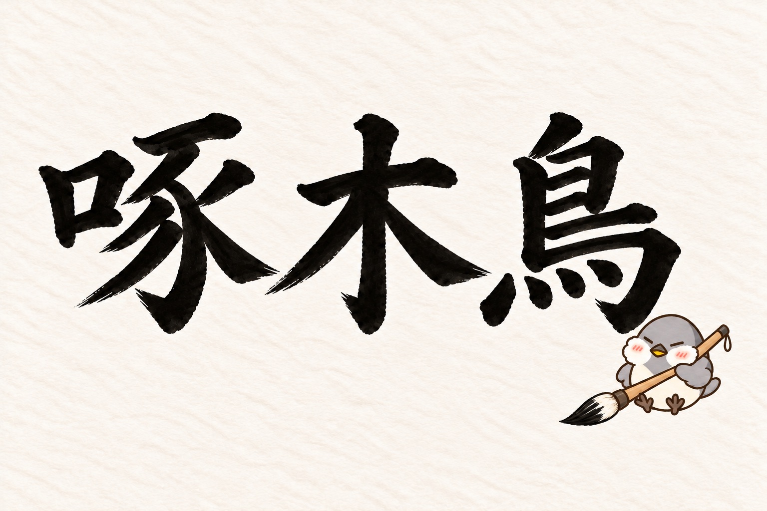 第2問の筆字:啄木鳥。大きな筆を持つオチュンが紙の上にいます。