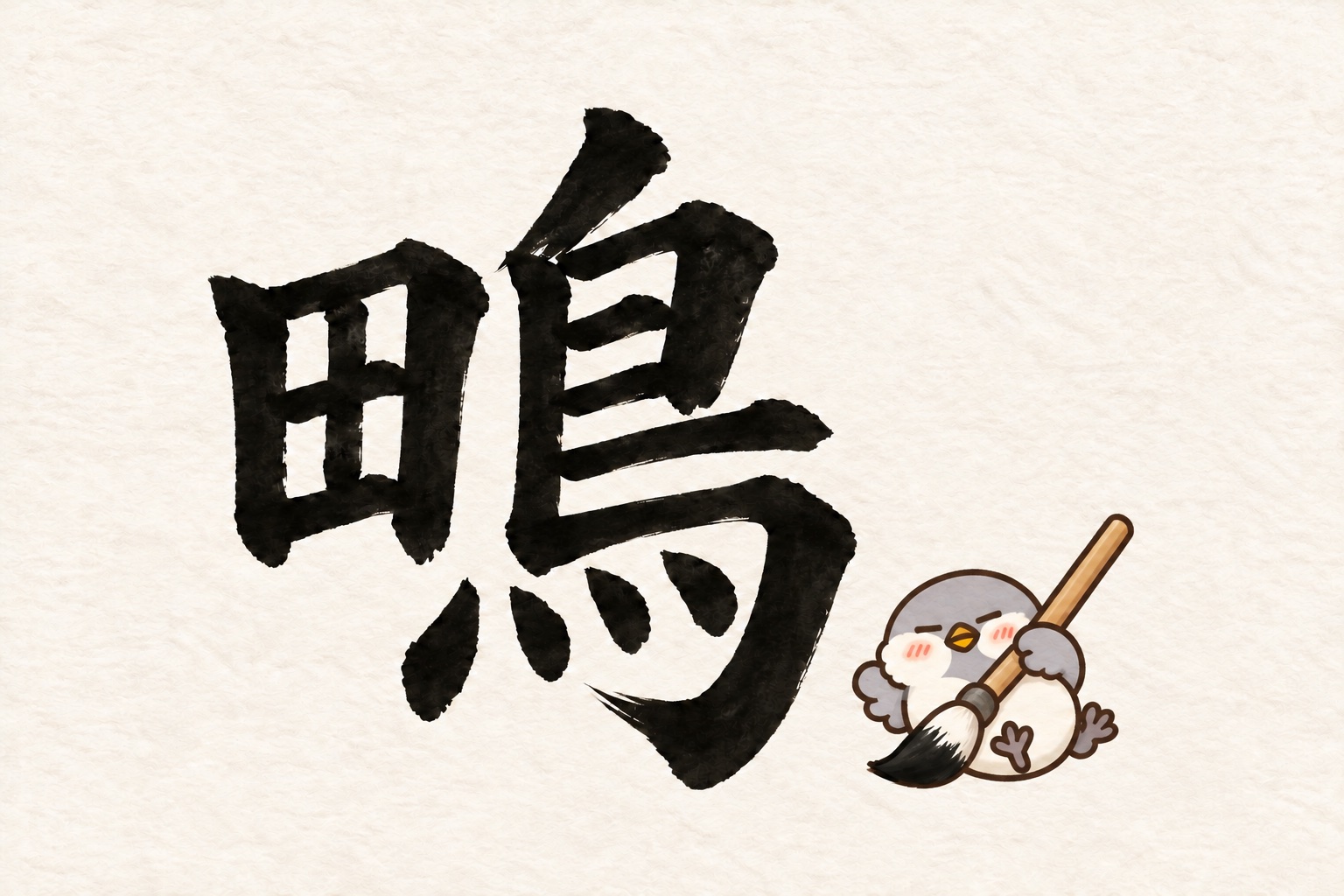 第6問の筆字:鴫。大きな筆を持つオチュンが紙の上にいます。