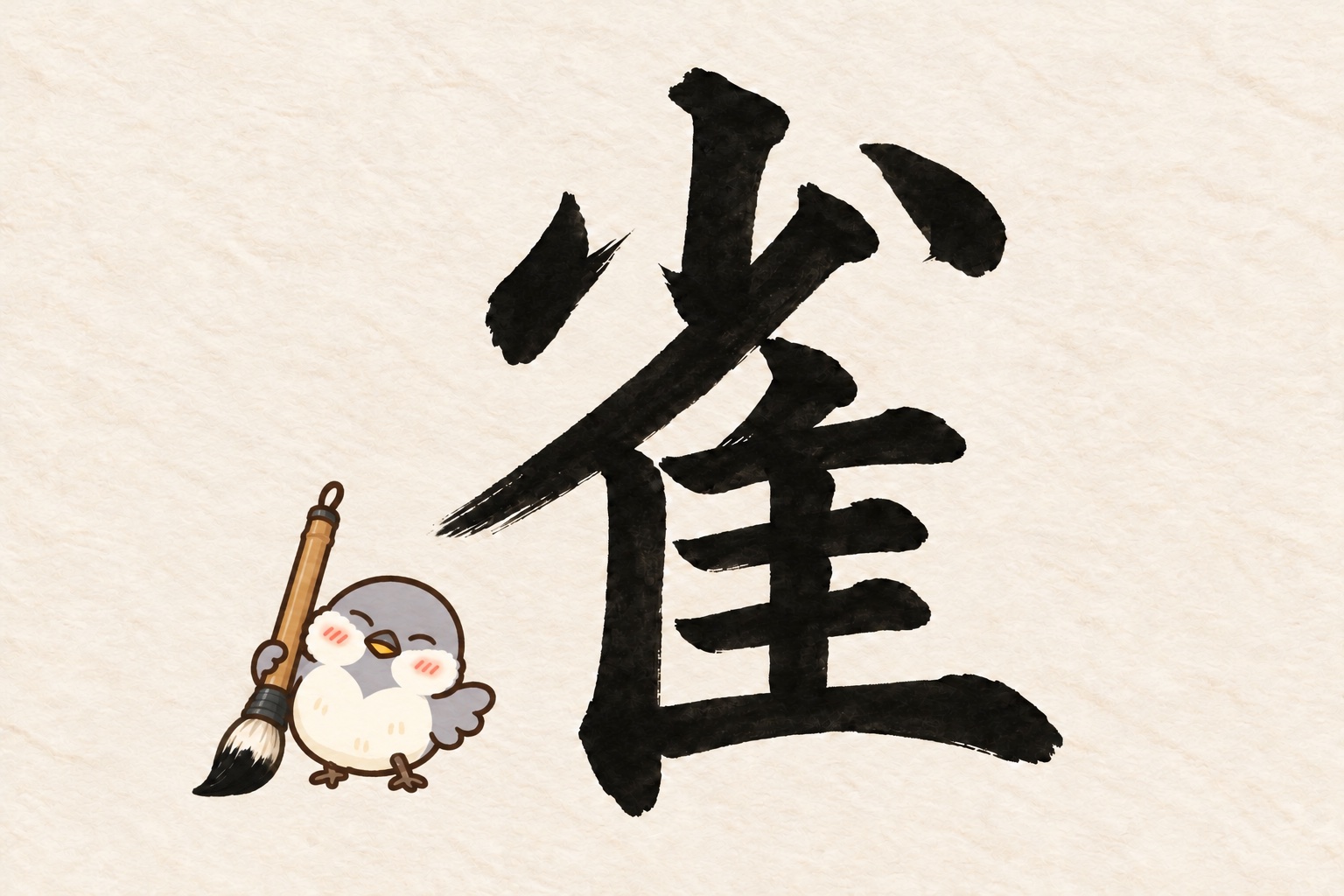 第8問の筆字:雀。大きな筆を持つオチュンが紙の上にいます。