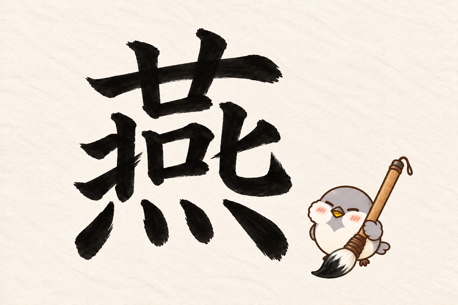 第9問の筆字:燕。大きな筆を持つオチュンが紙の上にいます。
