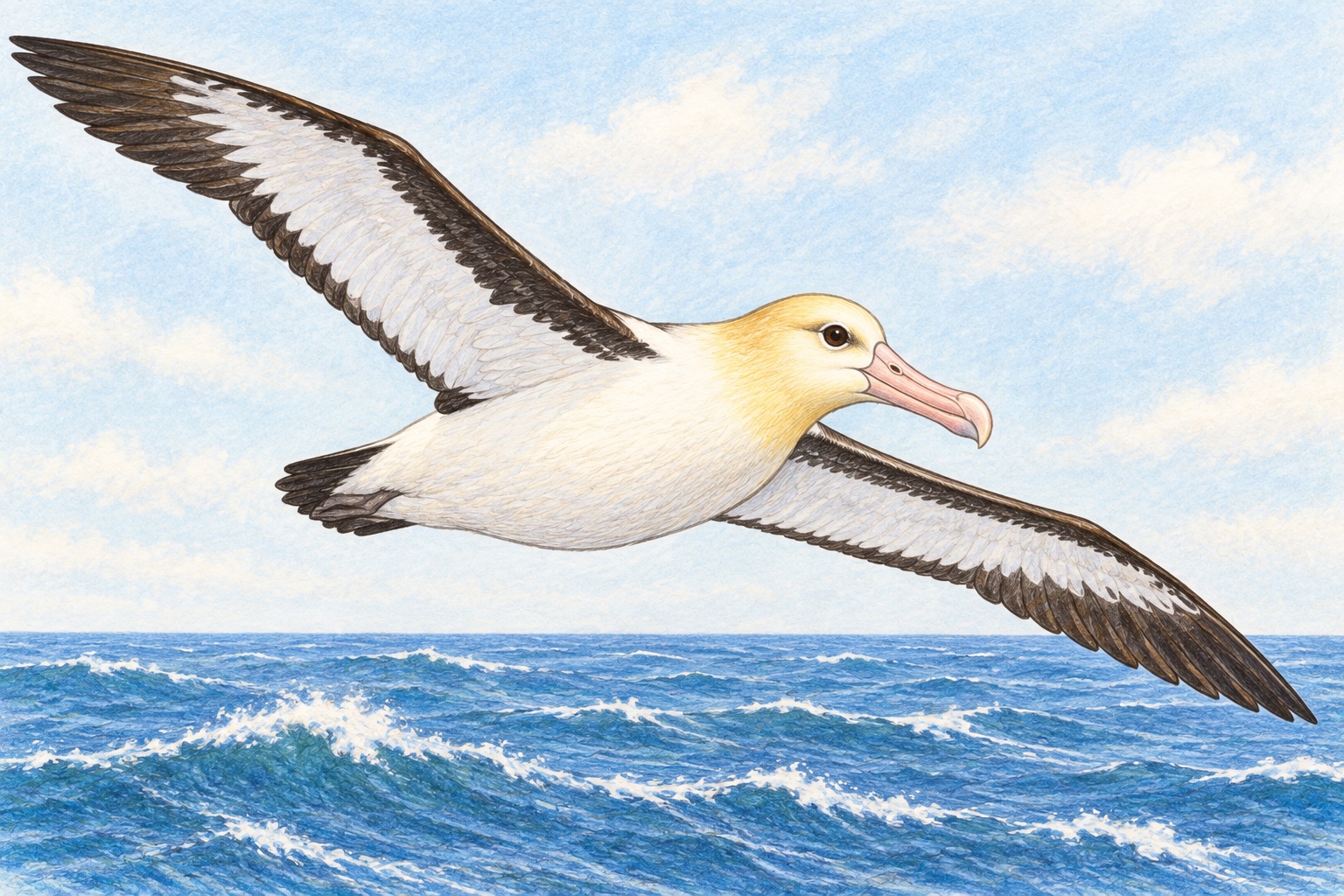 海上を滑空する成鳥のアホウドリ。淡い黄色の頭とピンク色のくちばし。