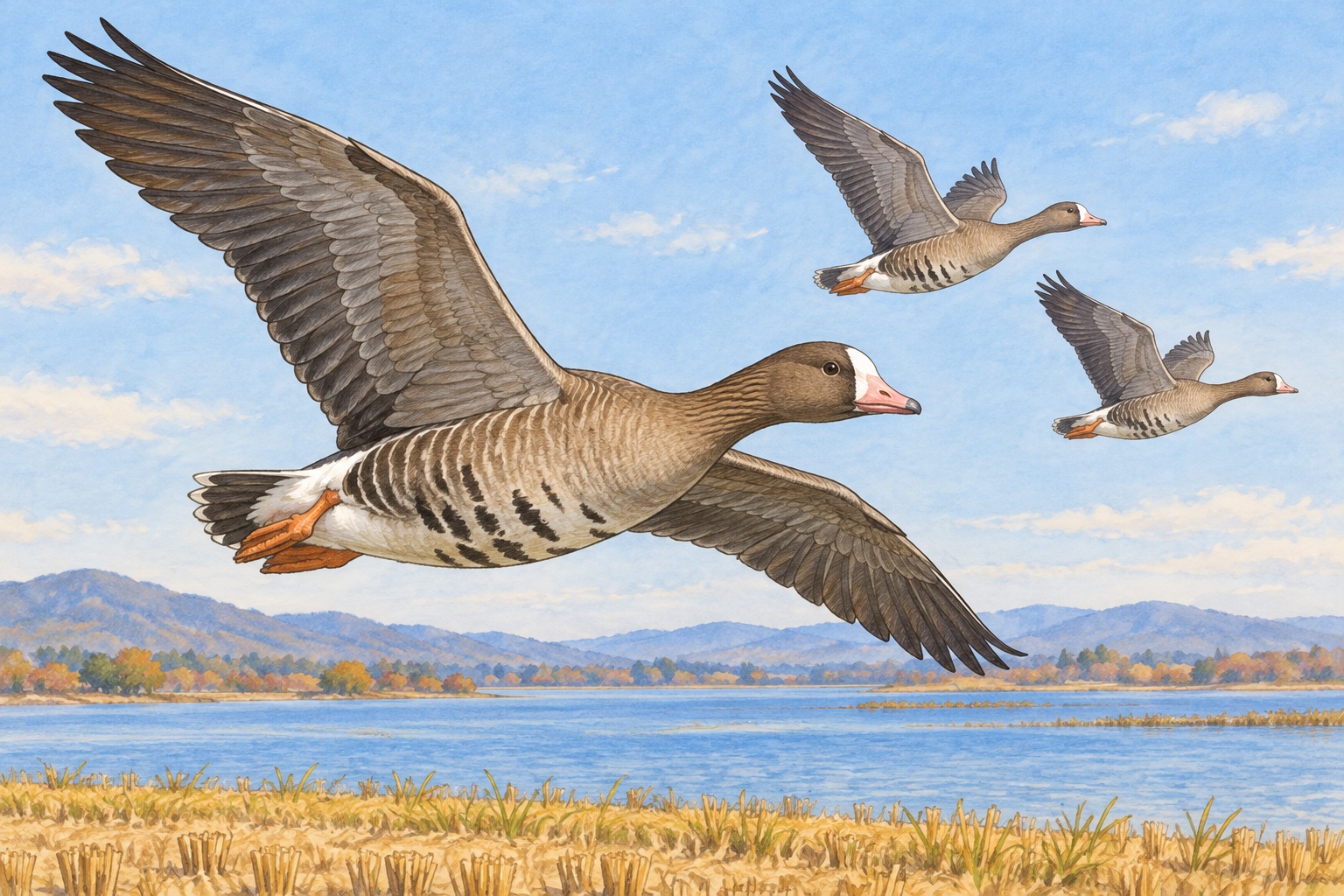 ガンの仲間のマガン。成鳥の白い額と黒い腹の模様、群れの隊列を描いたイメージ。
