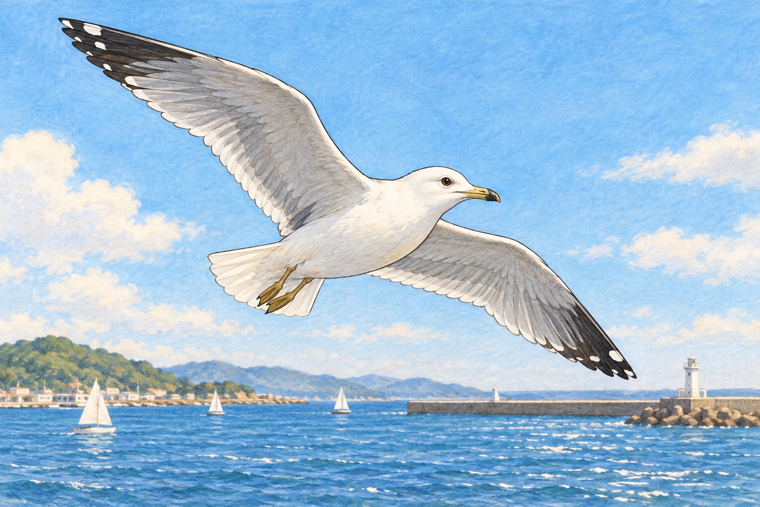 カモメ類のうち、種類名が「カモメ」の鳥をモデルにした成鳥の飛翔イメージ。