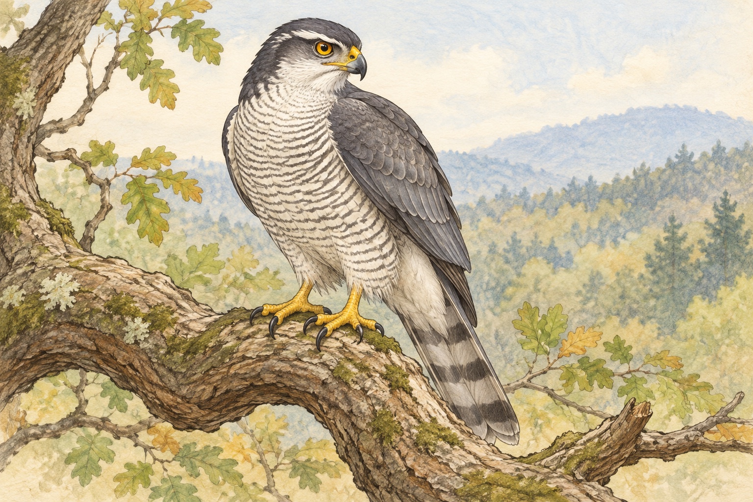 タカの仲間のオオタカの成鳥。白い眉のような模様と、おなかの細い横じまに注目。