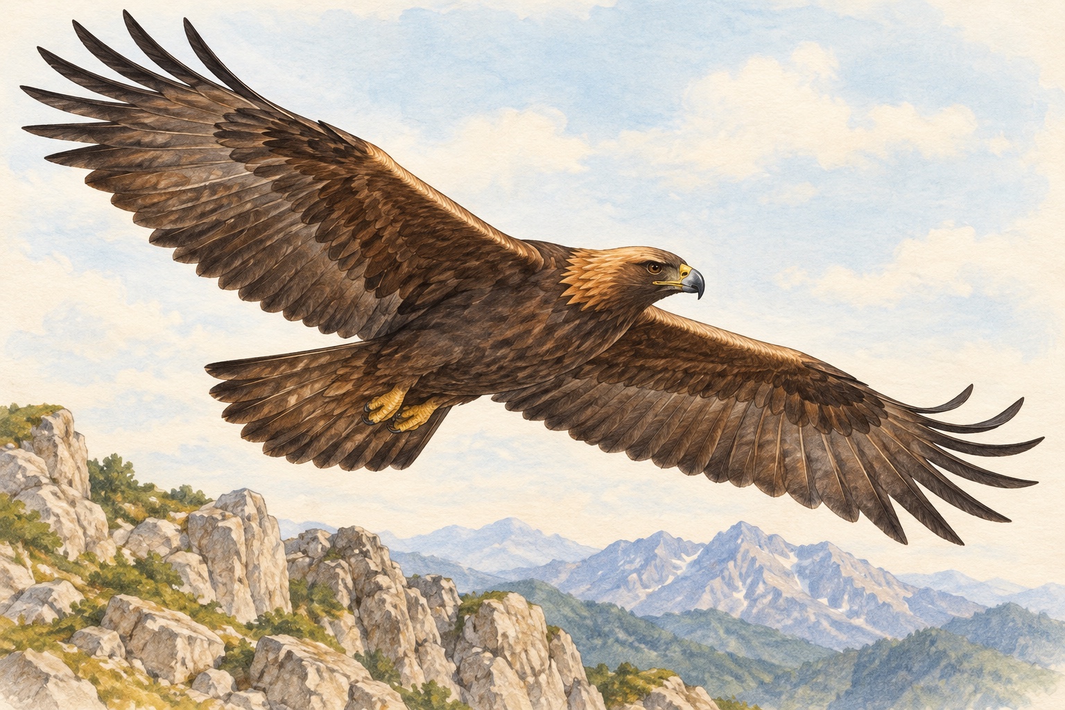 ワシの仲間のイヌワシの成鳥。金色がかった後頭部と、幅の広い大きな翼が特徴です。