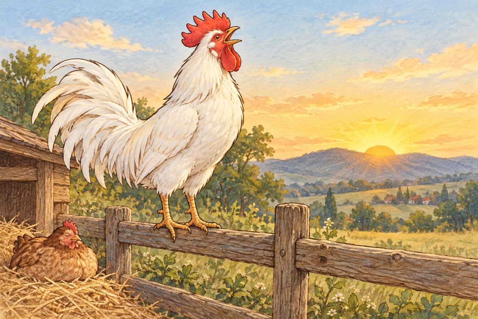 夜明けに鳴くニワトリのオス。赤いとさかと肉垂が目印。鳴くタイミングには体内時計が関わります。