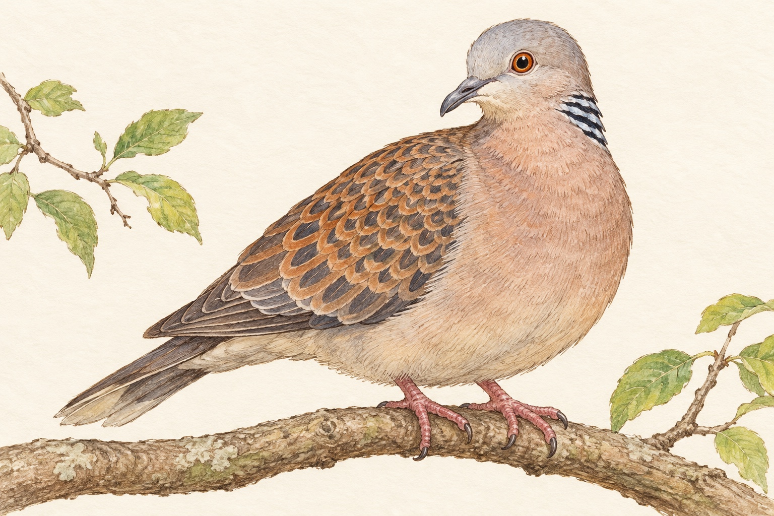 キジバト。首の横のしま模様と、翼のうろこ状の模様を描いています。