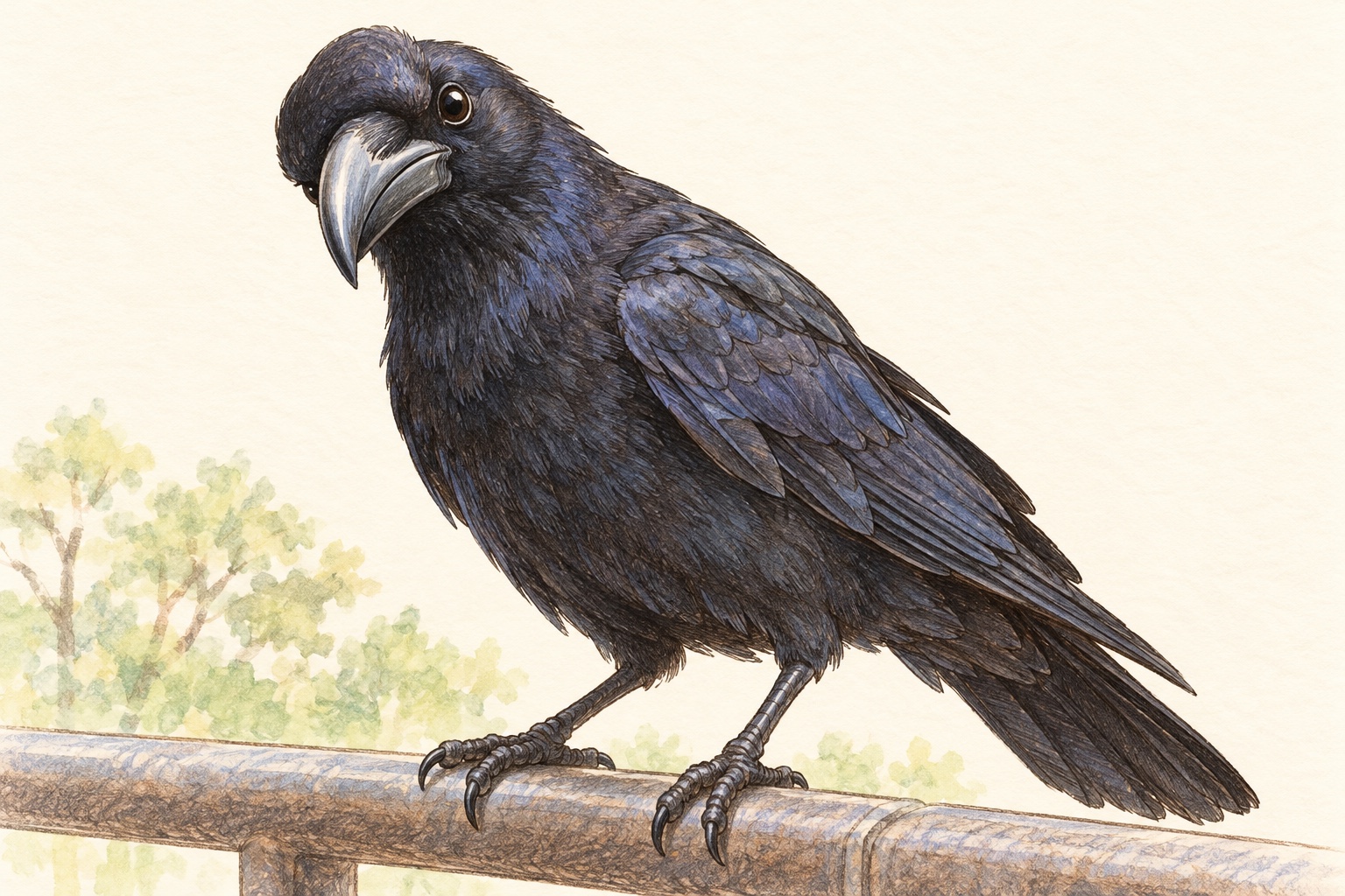 ハシブトガラス。太い黒いくちばしと、盛り上がったおでこが特徴です。