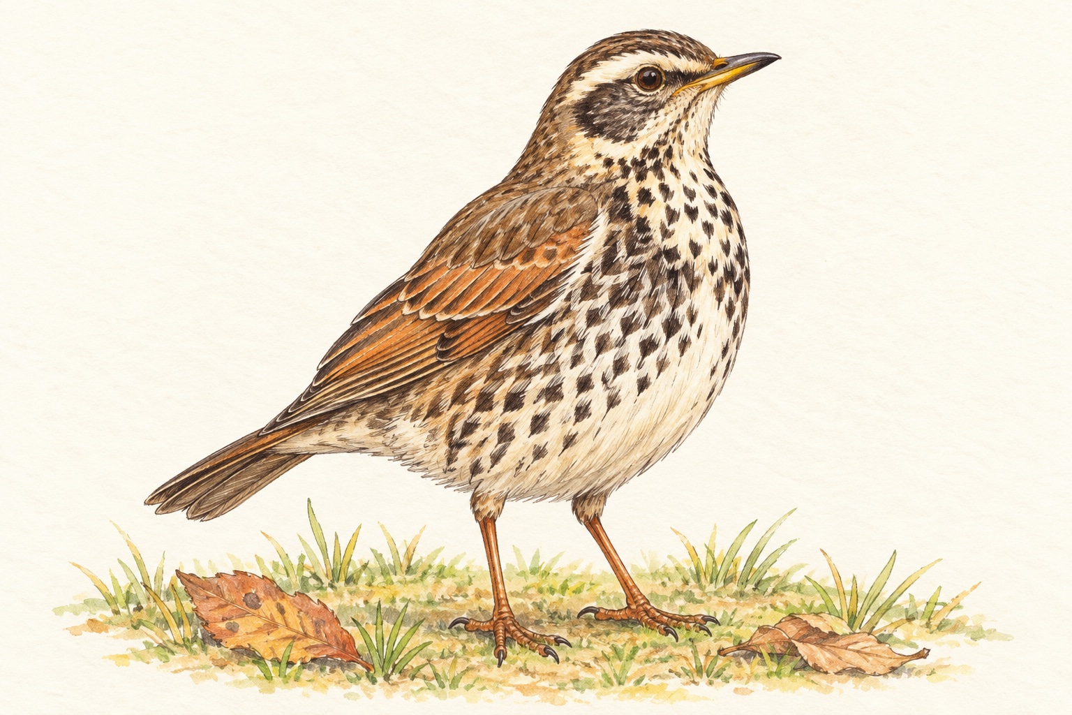 ツグミ。白い眉の模様と胸の斑点、胸を張る姿勢を描いています。