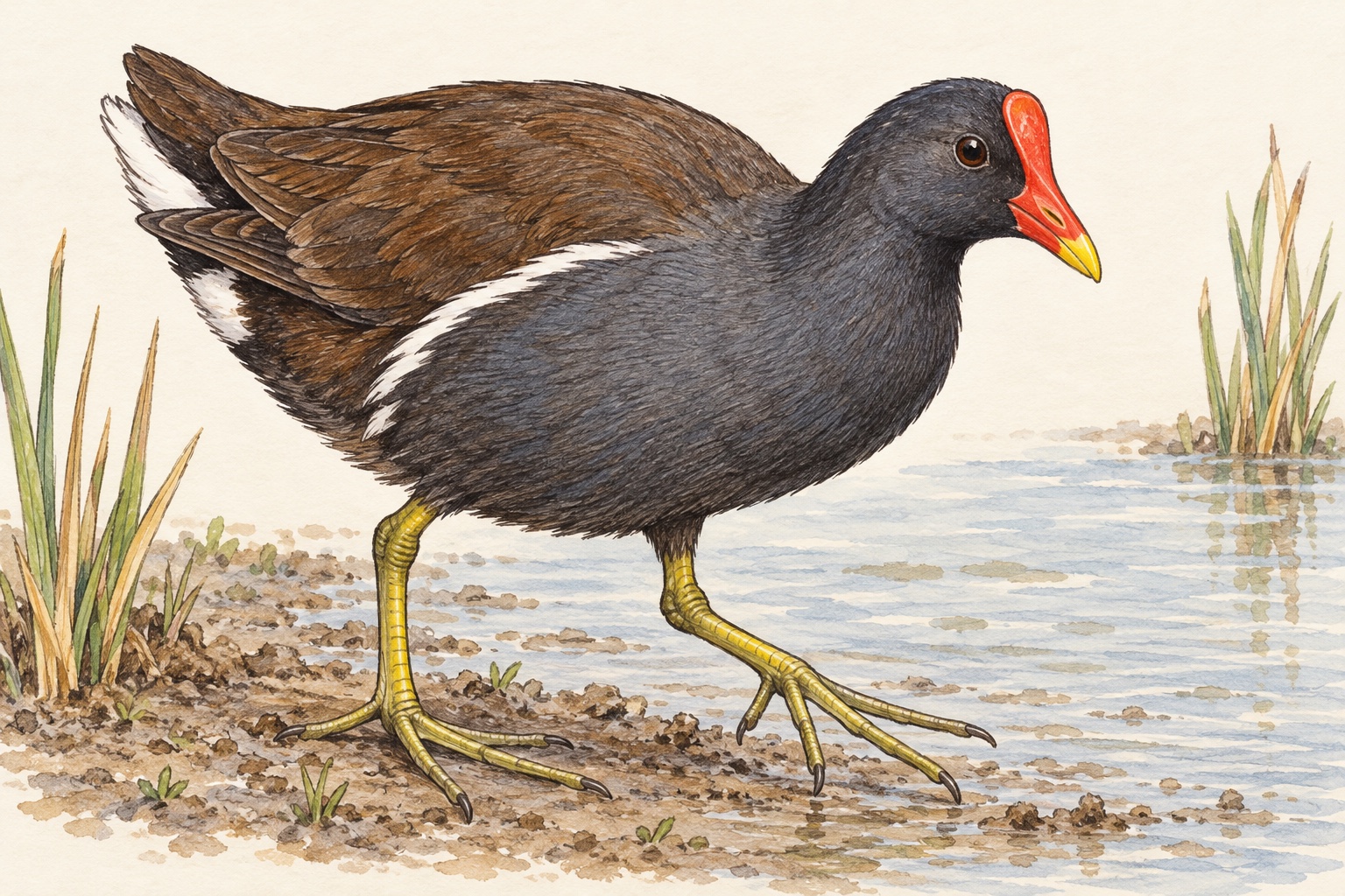 バンの成鳥。赤い額と黄色い嘴の先、長く分かれた足の指を描いています。