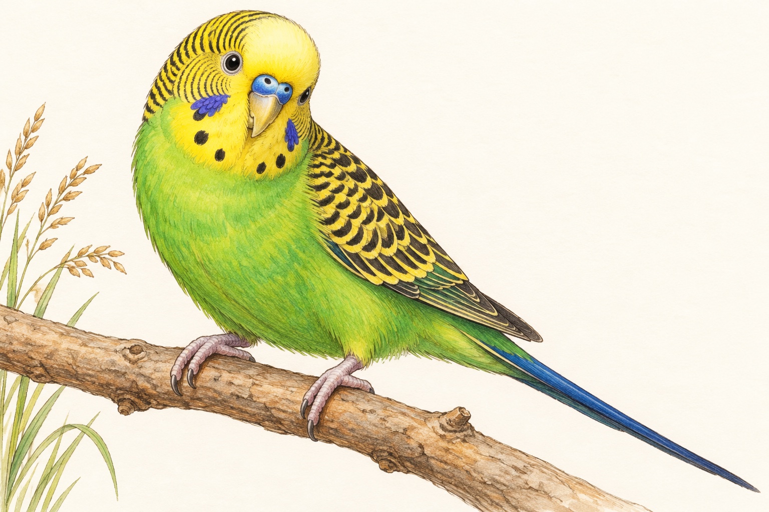 セキセイインコのオス。野生型に近い黄緑色の羽と、青い嘴の付け根を描いています。