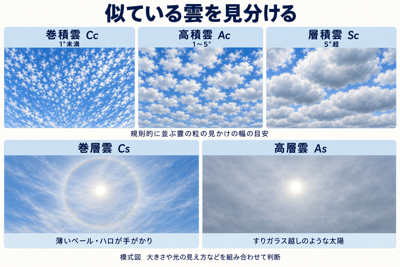 巻積雲と高積雲と層積雲の粒の大きさ、および巻層雲と高層雲の太陽の見え方を比較したイラスト