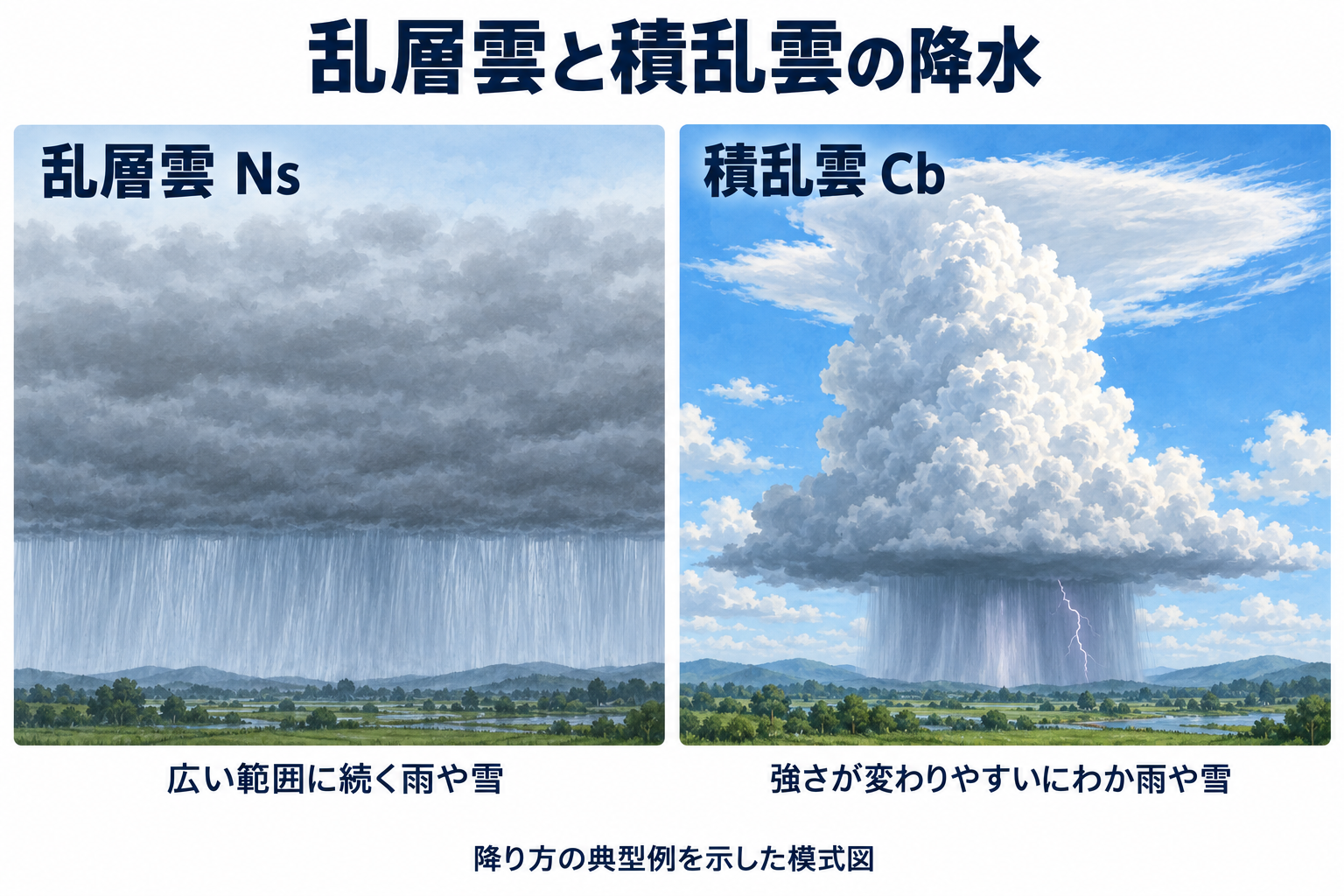 広い厚い層から雨が続く乱層雲と、高い雲の下で強い降水を伴う積乱雲の比較図