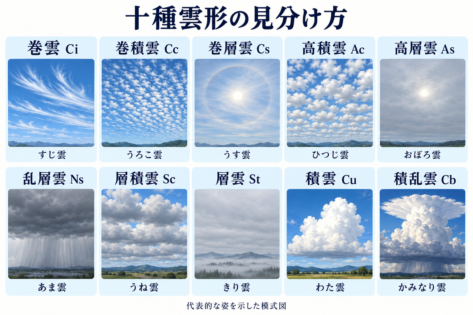 十種雲形の代表的な姿を十枚のカードで示したイラスト
