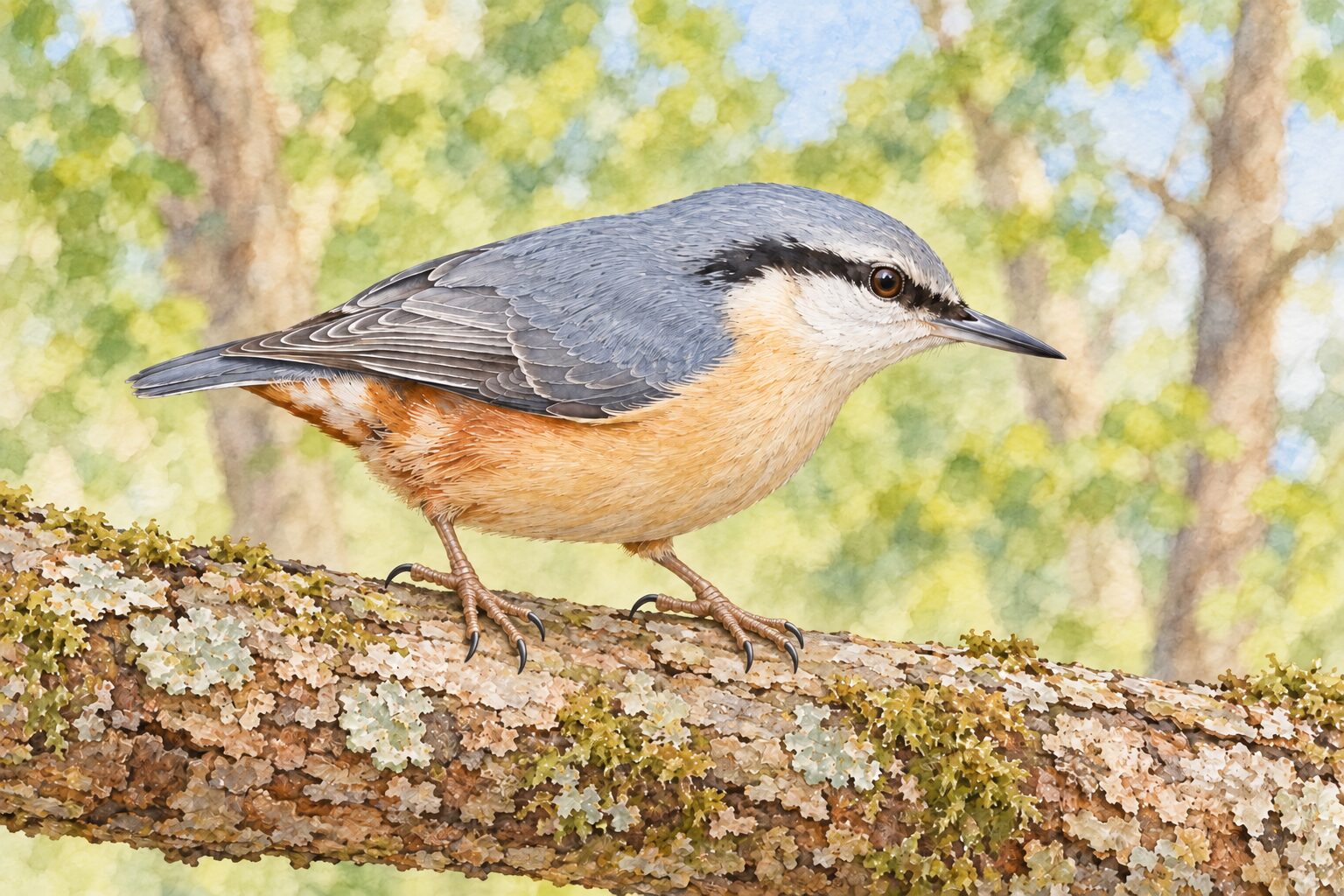 ゴジュウカラのイラスト。木の枝にとまる姿。各足に4本の趾が見える