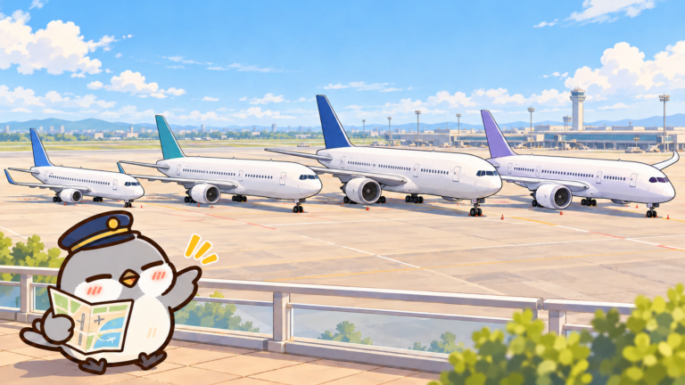 空港でオチュンがボーイング737、767、777、787の旅客機を紹介するイラスト