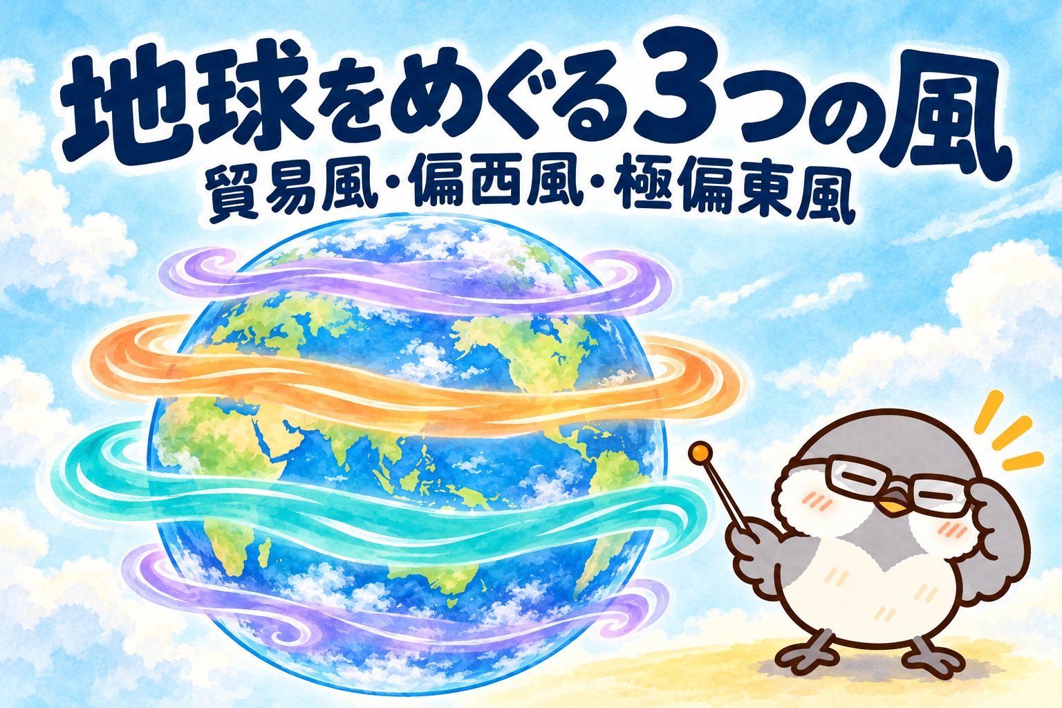 地球をめぐる3つの風。貿易風・偏西風・極偏東風を表す色の帯と、指し示すオチュンのイラスト