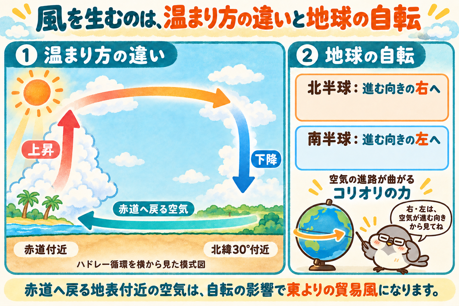 ハドレー循環と、地球の自転による空気の進路の曲がりを説明する図