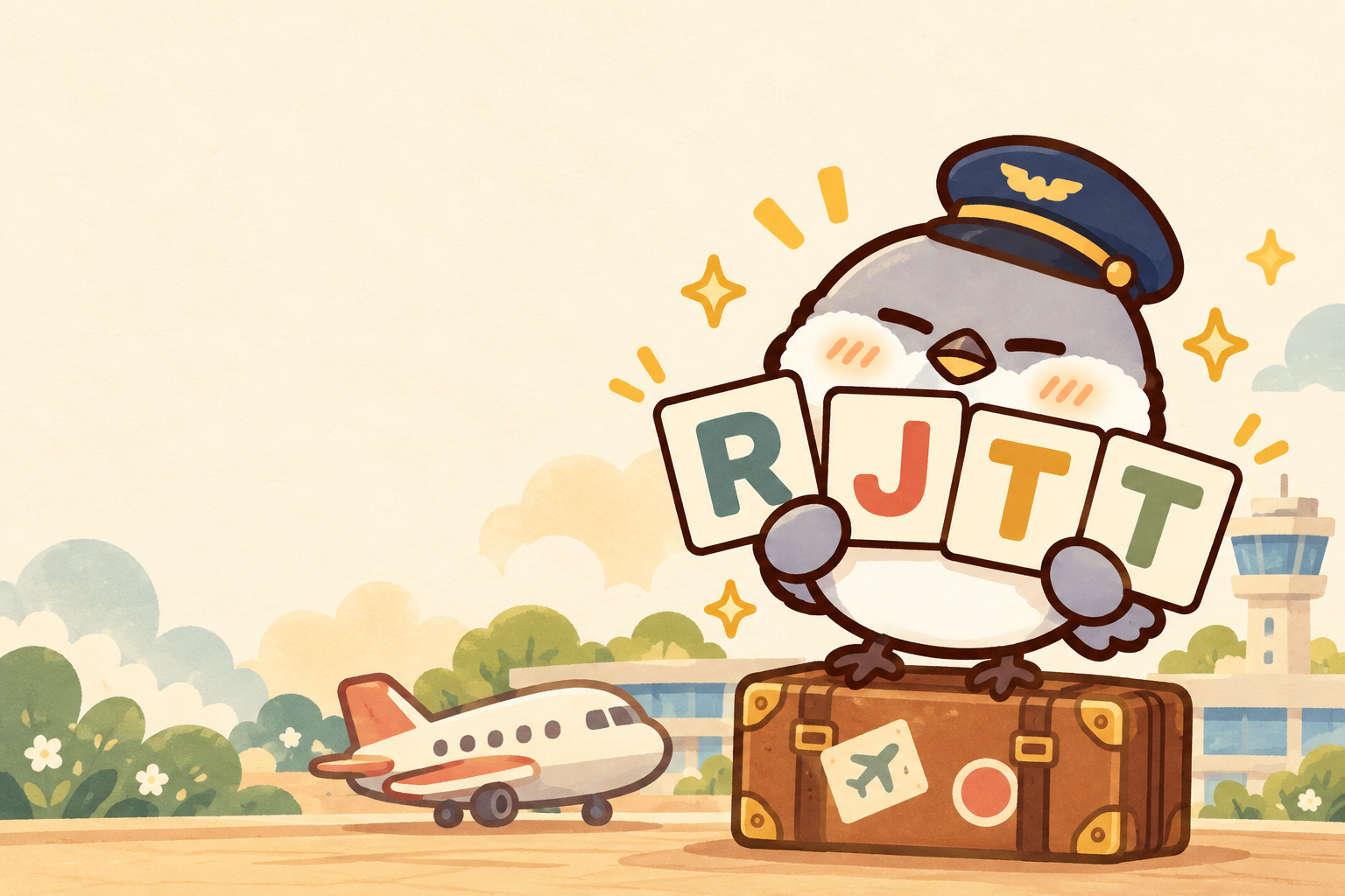 パイロット帽をかぶり、RJTTの4文字カードを持つオチュン。