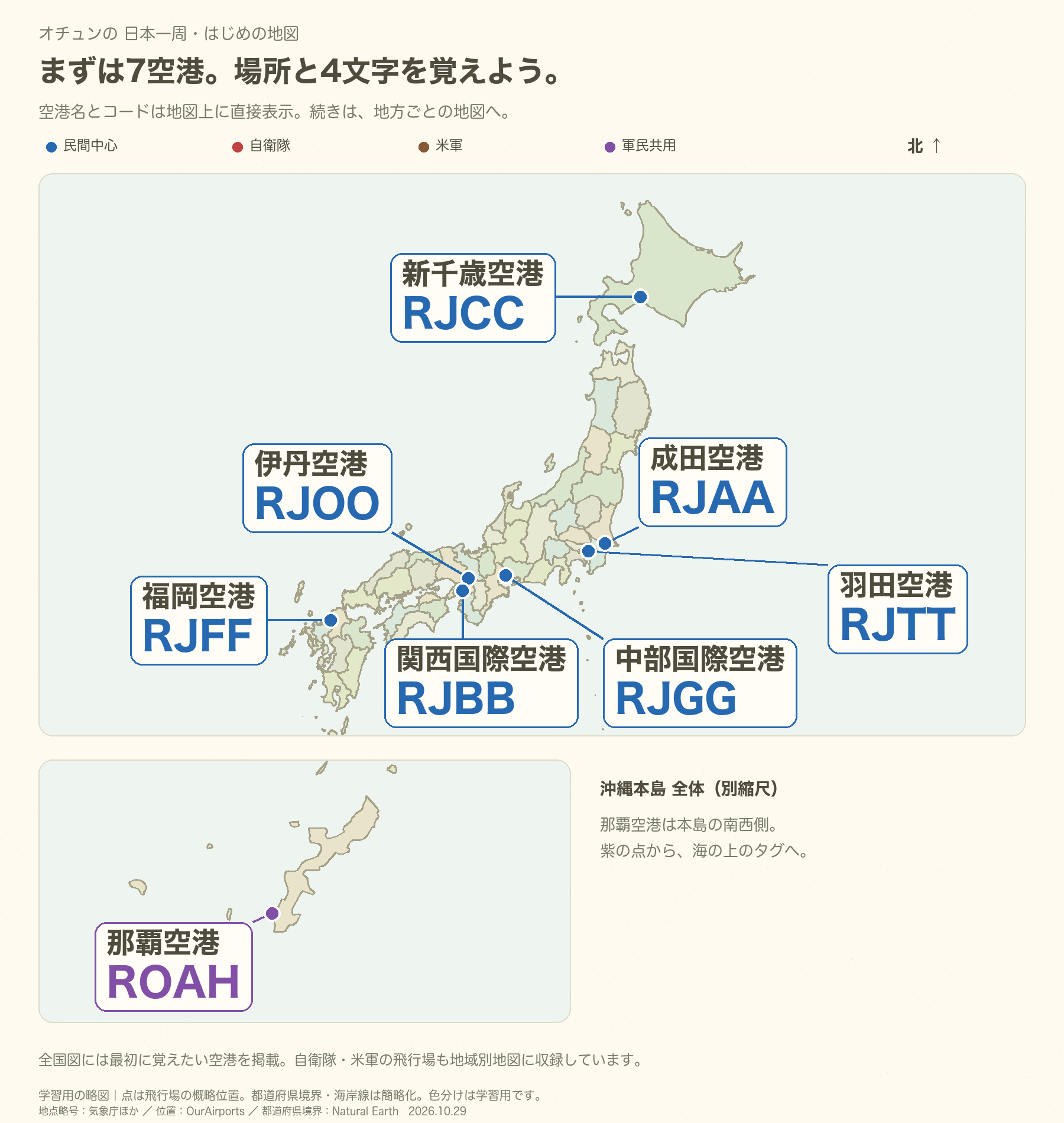 日本の主要空港の位置と4レターコード。那覇周辺は別縮尺の枠で表示。