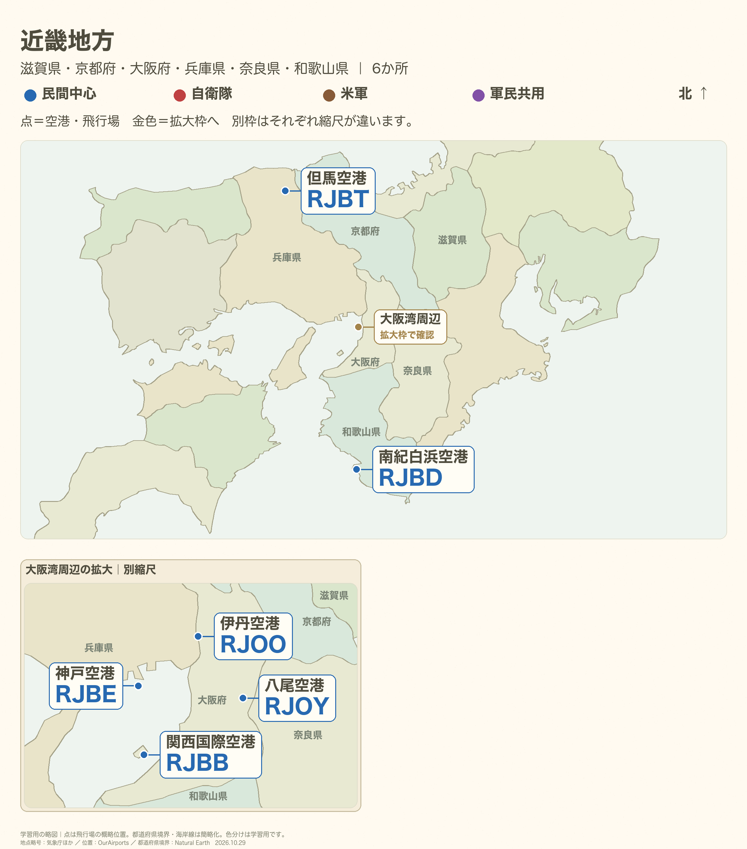 近畿地方の全体図。空港名と4レターコード、県境・県名を直接表示。離島や密集箇所は必要に応じて別枠で拡大。