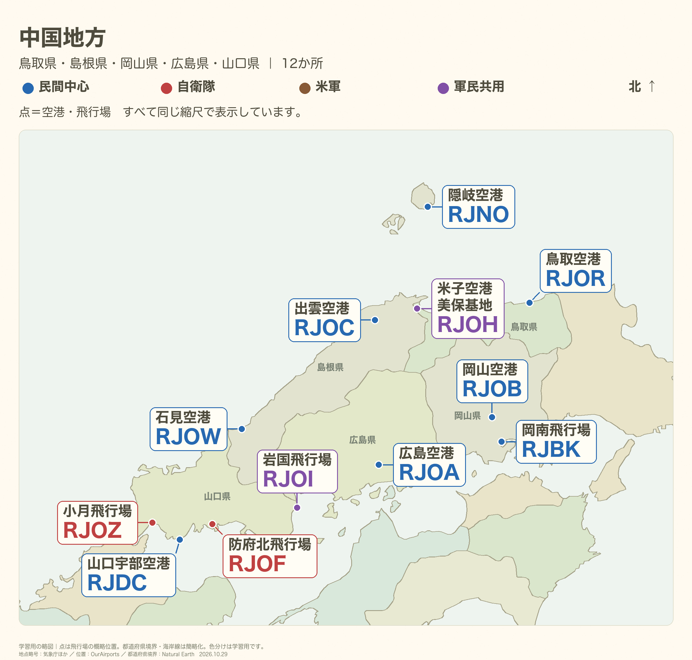 中国地方の全体図。空港名と4レターコード、県境・県名を直接表示。離島や密集箇所は必要に応じて別枠で拡大。