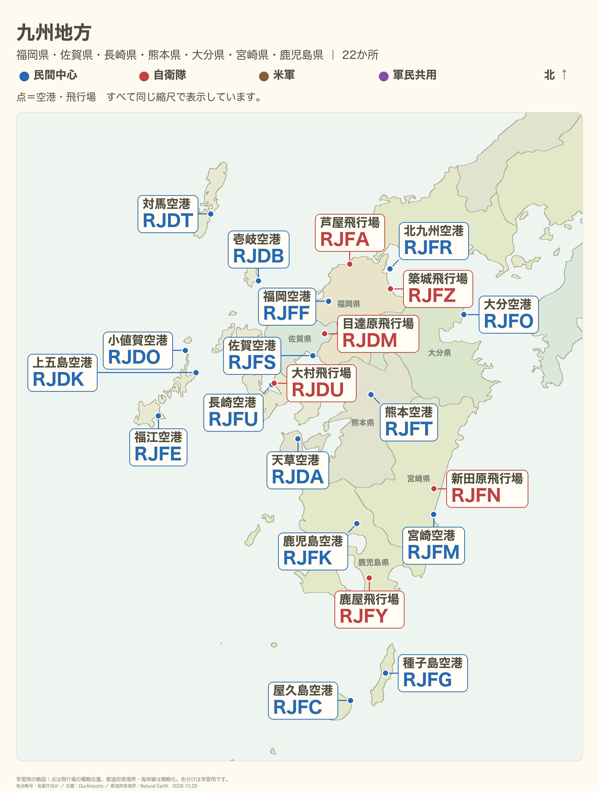 九州地方の全体図。空港名と4レターコード、県境・県名を直接表示。離島や密集箇所は必要に応じて別枠で拡大。