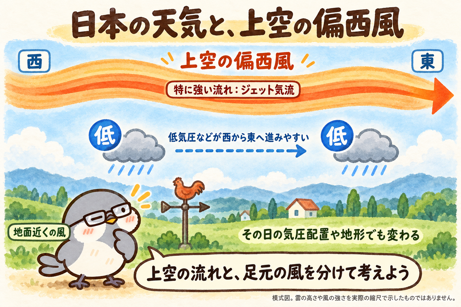 上空の偏西風と低気圧の東進、地面近くの風の違いを説明する図